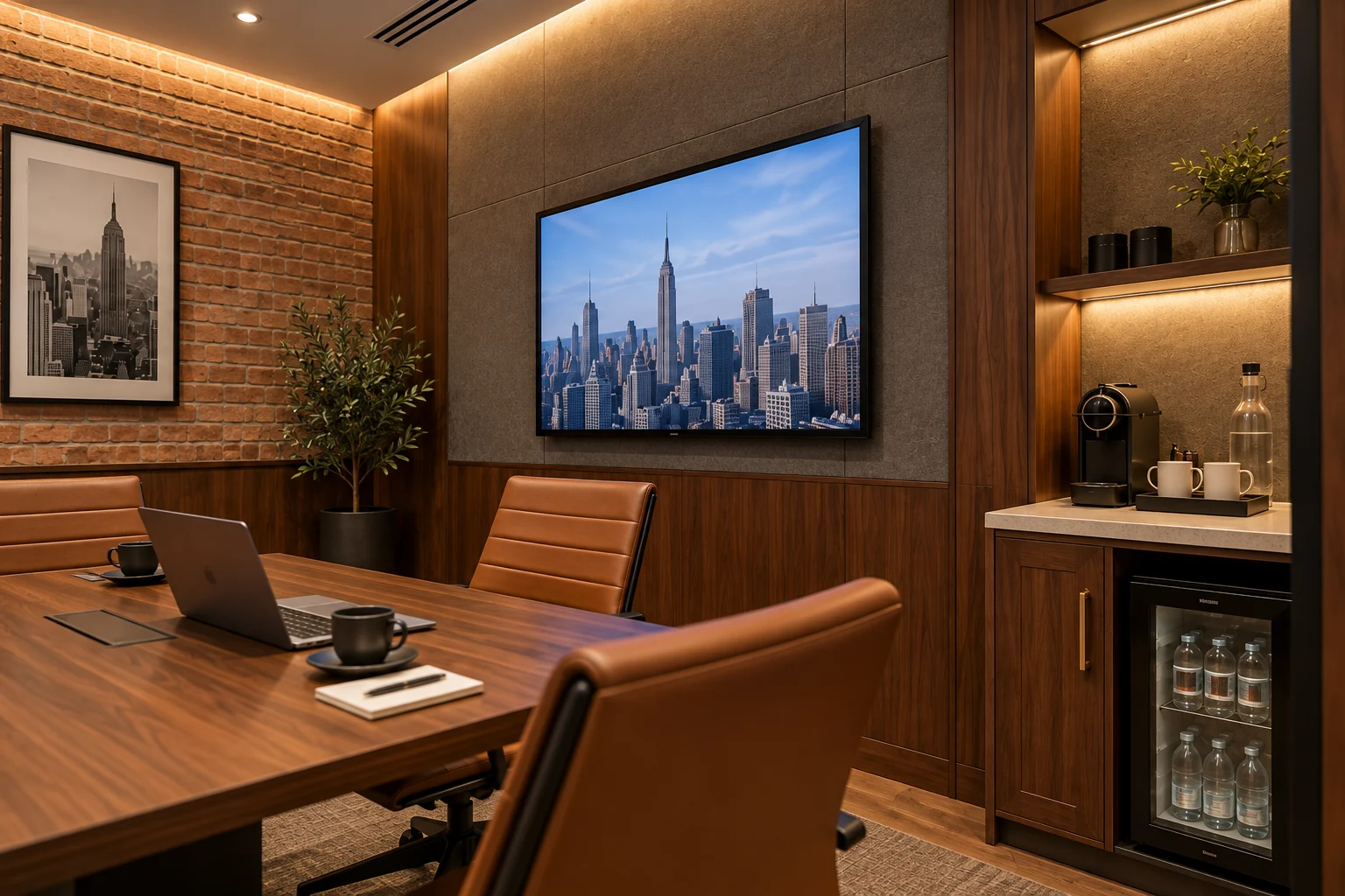 Personal coffee station and presentation screen inside a private suite